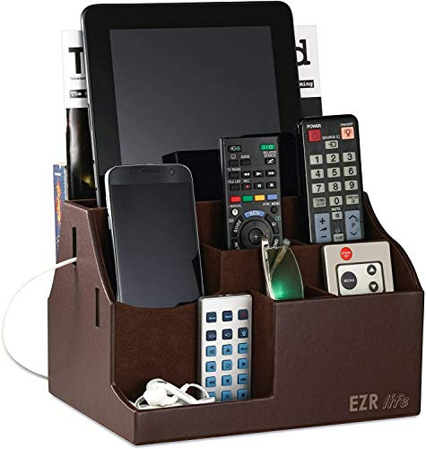 EZR life All-in-One Fernbedienungshalter, Caddy, Organizer – braunes Leder – auch für Handys, Tablets, Bücher, Brillen (8 Fächer, bis zu 14 Fernbedienungen)