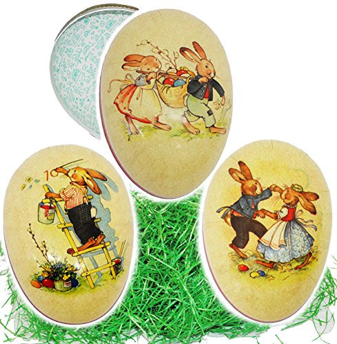 alles-meine.de GmbH 2 TLG. Set Ostergras & Füll - Pappei 12 cm - süße Osterhasen - Osterei/Ei zum befüllen - Deko Pappe Papp Pappeier Dekoei Pappostereier Füllen/Pappos..