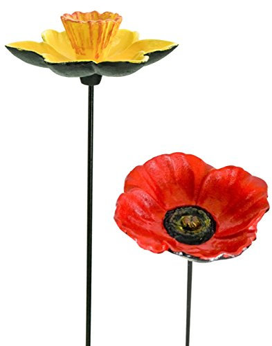 east2eden Cast Iron Set of 1 Red Poppy & 1 Daffodil Garden Ornament Decoration Wild Bird Feeder Dish Bath