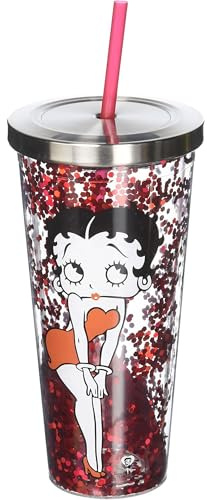 Spoontiques - Glitter Filled Acrylic Tumbler - Glitter Cup with Straw - 20 oz - Stainless Steel Locking Lid with Straw - Double Wall Insulated - BPA Free - Betty Boop