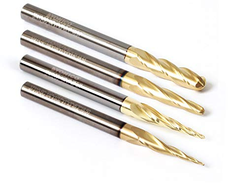 Yonico Tapered Endmill Ball Nose Router Bits CNC Engraver Solid Carbide Spiral 4 Bit 1/4-Inch Shank 37004-SC