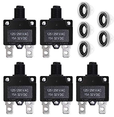 Lot de 5 disjoncteurs 15 A avec réinitialisation manuelle 32 V CC, AC 125-250 V avec bornes à connexion rapide