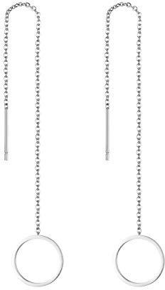 Flongo Damen Stäbchen Durchzieher Ohrringe Lange Quaste Einfädler Ohrringe Frauen Ohrhänger Ohrstecker Ohrkette Ohrseil mit Ring Kreis Anhänger Silber