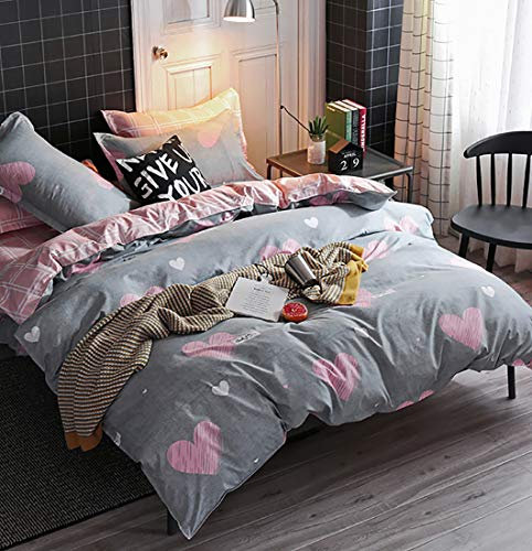 AShanlan Kinderbettwäsche 135x200 Mädchen Rosa Grau Herzen Kinder Bettwäsche Set ÖKO-TEX Microfaser Wendebettwäsche Bettbezug 135 x 200 und Kissenbezug 80x80 Reißverschluss