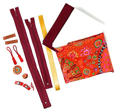 PattiPatch: Kaffe Fassett-Stoff-Näh-Set 004 Rote Kreise, Designerstoff mit Futterstoff, Bügelvlies, Reisverschlüsse, Knöpfe usw. für Mäppchen, Schnuller/Kosmetik-Täschchen, Kissen nach YouTube