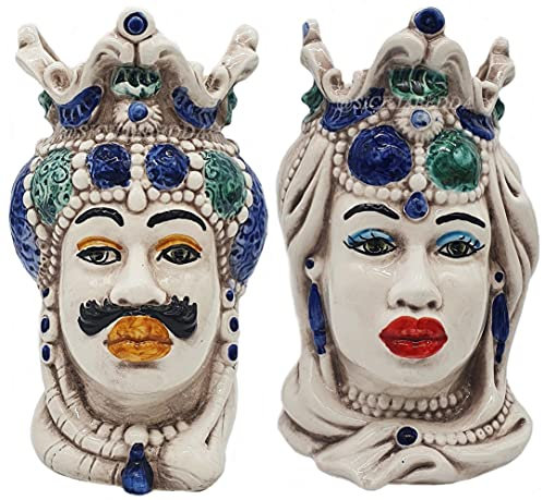 sicilia bedda - Coppia Teste di Moro Siciliane in Ceramica di Caltagirone - Realizzazioni Uniche - h Cm 13