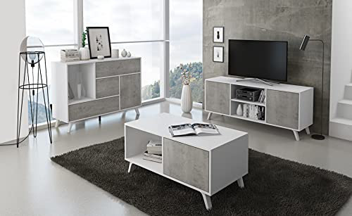 Skraut Home | Ensemble Buffet + Meuble TV + Table Basse pour Salon | Modèle Wind | Ensemble Salle à Manger | Structure Résistante | Montage Facile | Finition Blanc/Ciment
