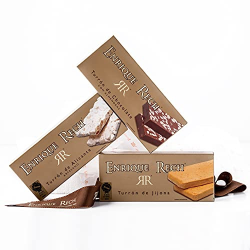 Cesta Regalo Enrique Rech - Pack de 3 Turrones Artesanos de 300g - Jijona, Turrón Alicante, Chocolate con Almendras Enrique Rech - Cesta de Navidad con Turrones Premium