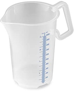 Thermohauser Messbecher m. geschlossenem Griff, 2000 ml, Kunststoff PP, blaue Skala in Litern und Millilitern 8300040087 Transparent