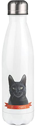 Bouteille Isotherme blanche au motif I love chat noir