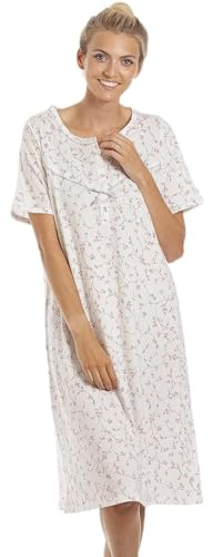 Camille Womens Short Sleeved Floral Nightdress - Ladies 100% Cotton Knee Length Nighties - Comfortable & Breathable Summer Nightwear with Button Fastening