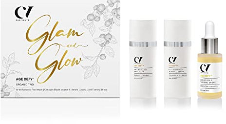 Green People Age Defy+ Glam and Glow Organic Trio | Natural & Anti-Ageing Facial Gift Set by Cha Vøhtz | AHA Mask, Vitamin C Serum Tanning Drops | Paraben Free Ethyl Alcohol | Cruelty Vegan, white