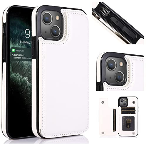 UEEBAI Wallet Case for iPhone 14 Plus 6.7 inch, Slim PU Leather Case with Card Slots Kickstand Magnetic Clasp Durable Shockproof Flip Folio Cover - White