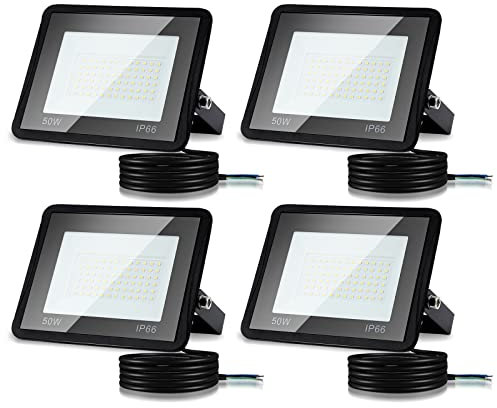 Tubiaz LED Scheinwerfer, 4x50W LED Flutlicht 4250LM Superheller LED Strahler Außen 6000K Kaltweiß, IP66 Wasserfest Aussenstrahler, Aussenlampe für Hinterhof, Auffahrt (kein Stecker)