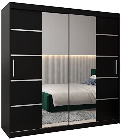 ABIKSMEBLE Verona 4 200 Armadio da Camera a Due Ante Scorrevoli - Armadio Moderno con Specchio, Barra e Ripiani - 200x200x62 cm (L x A x P) - Nero Opaco