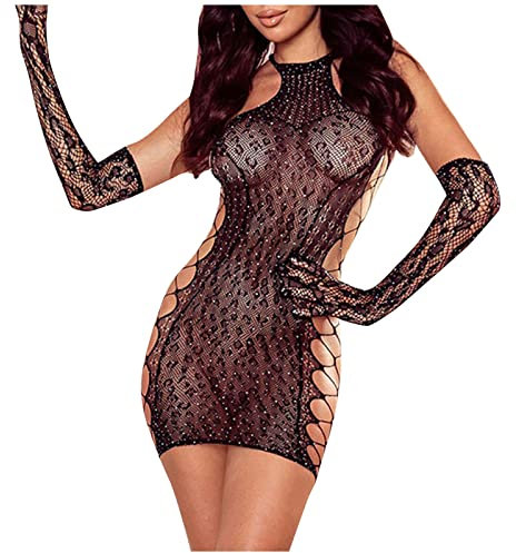 Sexy Dessous Damen FüR Sex, Damen Body Sexy Sheer Mesh Reizwäsche Strass besetzt Bodysuit Kleid mit Handschuhe Erotisk Lingerie Aushöhlen Schlafkleid Transparent Negligee Jumpsuit