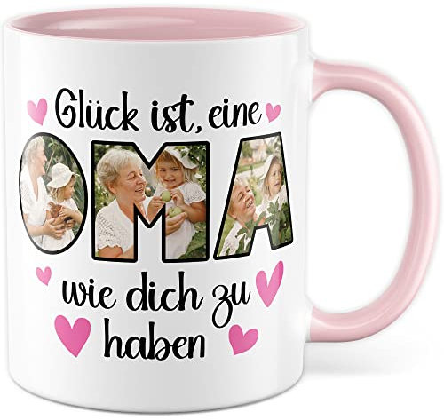 Oma Tasse personalisiert mit Bild, Glück ist eine Oma wie dich zu haben, Geschenk personalisierbar Großmutter Spruch Enkelkinder Geschenkidee Enkel Kaffeetasse (Weiß/Pink)