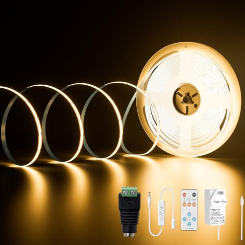 PAUTIX COB LED Strip Warm White 2700K, 10M 4800LEDs 24V CRI90+ Dimmable Bright COB Light Strip Kit with 13 Keys RF Remote and 24V Power Supply COB LED Lights for Bedroom Kitchen Home DIY Projects