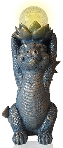 TIN DREAMS FACTORY | Drache mit LED-Licht für Außen Dekoration - Water Lily Dragon – Solarbetriebene Gartenfigur – Fantasieaccessoires für Garten, Terrasse und Balkon
