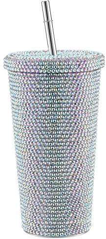 Bling-Nieten aus Diamant, 17 oz/500 ml, Thermobecher aus Edelstahl mit Strass, Partybecher in Schafform aus Kristall (mehrfarbig), mit Deckel und Strohhalm