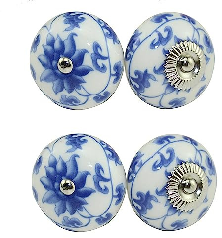 Bouton De Meuble 4 Pièces Meubles De Style Chinois Poignée En Céramique Peinture À L'Encre Poignée Rétro Monotrou Petite Fleur Bleu Et Blanc