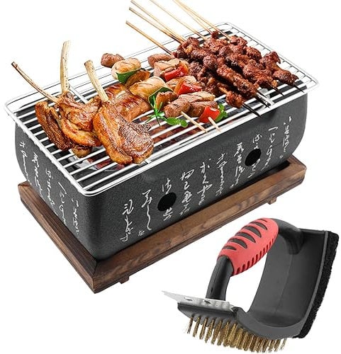 Barbecue au charbon de bois de table – Style japonais avec brosse de nettoyage, mini réchaud portable, assiette, accessoires de fête et outils de barbecue