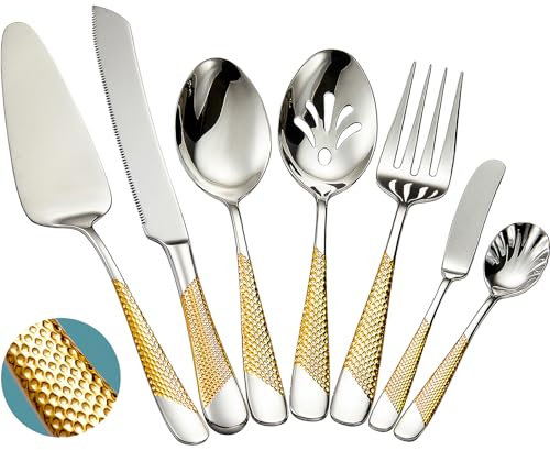 Xideman® 7-Piece Hammered 18/10 Stainless Steel Cutlery Serving Utensil Set - Golden Hostess Flatware with Cake Knife & Cake Server (Silver Gold)