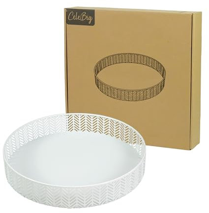 CeleBig® Deko Tablett Rund ø30cm mit Muster | Dekoteller und Dekotablett aus Metall Weiß | Serviertablett Weiß | Tischdeko | Adventskranzhalter | Halter für Kerzen | Zeitloses Design | Geschenkidee