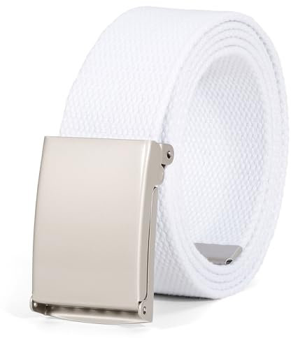 JasGood Unisesx Webgürtel Herren Damen Leinwand Arbeitsgürtel Frei Verstellbarer Flip-Top Webgürtel Silber Militärschnalle für Geschäft Sport Lässig,Weiß,135cm