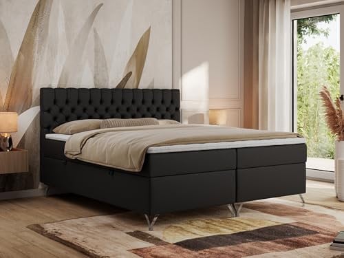 MKS MEBLE Boxspringbett 200x200, Bett 200x200 mit Matratze H3, Boxspringbett 200x200 mit Bettkasten und Topper, Polsterbett 200x200 Füße - GRIMALDI - 200x200 - Schwarz Kunstleder - H3