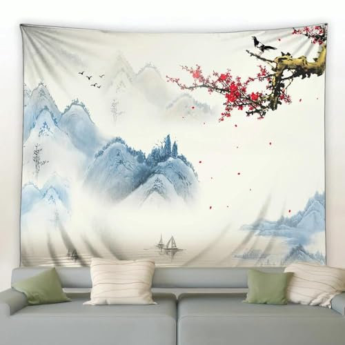 XINRUYI Pintura de tinta china, tapiz, paisaje natural, patrón de vista al río, sala de estar, dormitorio, decoración del hogar, tela colgante