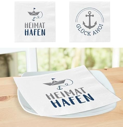 Bada Bing 2er Set mit 40 Stück Servietten mit Spruch GLÜCK AHOI - HEIMAT HAFEN - Moderne weiße Papierservietten als stilvolle Tischdeko - Tischdekoration - Maritime Party Deko Vintage