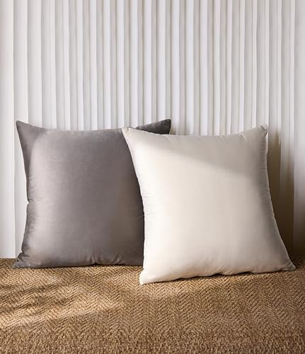 Vitalizart Samt Kissenbezüge 45cm x 45cm Satz von 2 Creme Weiß und Grau Platz Werfen Kissenbezug Dekorative Sofa Schlafzimmer Kissenbezug mit Unsichtbaren Reißverschluss