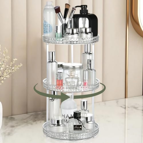 URAQT Make up Organizer, 3 Etagen 360° Drehbar Kosmetik Organizer, Multifunktionale Schmink Organizer mit Großer Kapazität, Kosmetik Organizers für Schminktisch, Badezimmer, Schlafzimmer (Transparent)