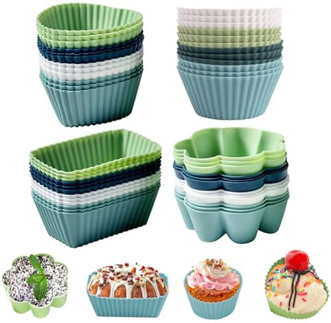 GAESHOW 48 Pièces Moules à Cupcakes en silicone, Moule Muffins en Silicone Réutilisables, 4 Formes Sans BPA, Moules à Muffins en Silicone pour Tartes Quiches Gâteaux Puddings