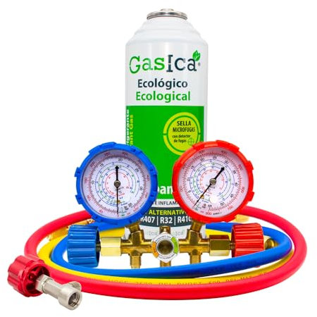 Ralertreik Pack Gasica V2 Gas Refrigerante Ecológico Sustituto del R22/R407/R32 y R410A (1 Botella + manometro + Llave)