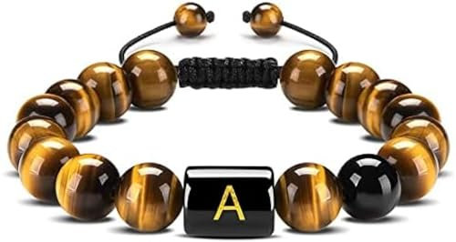 Chakra-Armband, natürliche braune Tigerauge-Stein-Armbänder, Buchstabe A-Charm, 10 mm Perlen, Chakra-Armreifen, Energie-Edelstein-Armbänder, Balance-Yoga-Schmuck für Frauen, Männer, Paare