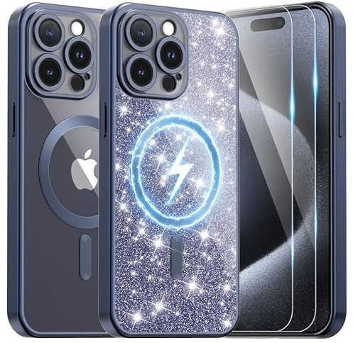 Ethanger Magnetic Case for iPhone 15 Pro Max, Titanium blue | Compatible with MagSafe, with 2 x Screen Protector, with Glitter Card and Wrist Strap, Protective Case for Women Girls