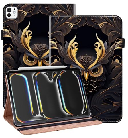 BOLELAW Hülle für iPad Pro 13 Zoll Hülle M4 2024 PU Leder Folio Flip Case mit Kartenschlitz Standfunktion Stoßfeste Tablet Schutzhülle für iPad Pro 13 2024, Eule