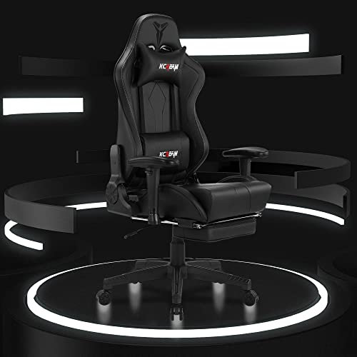 KCREAM Gaming Stuhl 150kg Belastbarkeit mit Fußstütze, PC Stuhl Ergonomischer Racing PU Leder Hohe Rückenlehne Drehbarer Verstellbarer mit Lendenwirbelstütze, Computerstuhl Gamingstuhl, Schwarz