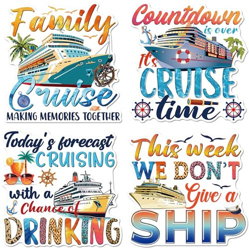 Cruise Door Decorations Magnetic, 4 Pcs Family Cruise Door Magnets with Funny Nautical Vacation Sayings Designs, Magnetic Ship Cabin Signs Fridge Magnets Decor