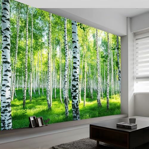 Wandtapete Landschaftsmalerei Birkenwald Wiese Fototapete, Grün Vliestapete Bild Wand Dekoration, 450 x 315 cm (B x H) Tapete Panorama Poster Für Mädchen, Jungs Schlafzimmer Wohnzimmer