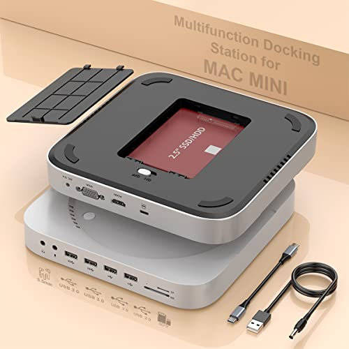 Mini Station d'accueil pour Mac Mini M2/M1 avec HDMI, VGA, SSD/HDD SATA, USB3.0, USB 2.0, TF et SD, prise vidéo/audio pour Mac Mini M2, Mac Studio