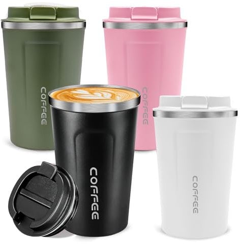 Kaxtde 4 Pack Travel Mugs Bulk, 380ml Insulated Coffee Cup for Cold Hot Drinks, Reusable Stainless Steel Tumblers with Leakproof Lid for Car Camping Gym Office