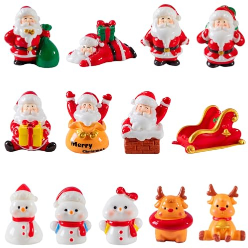 13 Stück Mini Weihnachten Figuren Harz Deko Figuren Weihnachten Mini Weihnachtsmann Elch Schneemann Klein Weihnachten Miniatur Ornamente für Garten Party Puppenhaus Bonsai Landschaft Tisch Party Deko