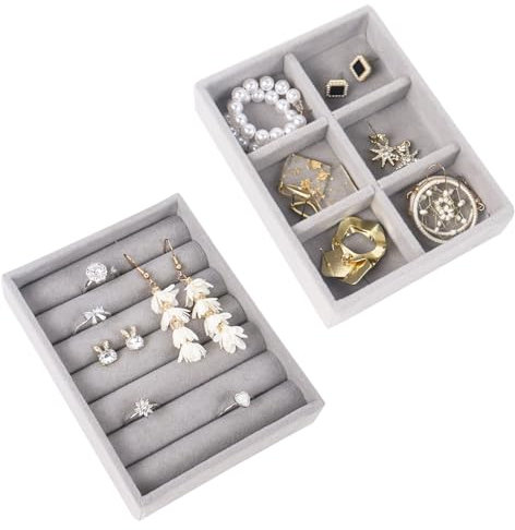 Nwvuop 2 Pack Jewellery Organiser Tray Stackable Velvet 6-Compartment Jewellery Trays Ring Trays Small Jewelry Drawer Organizer 4.92× 3.74× 1 inches(Grey)