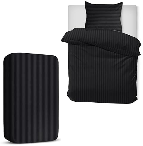 MOONLIGHT20015 Single Duvet Cover Set 3 Piece Satin Stripe Duvet Covers Soft Brushed Microfiber Bedding Set with Fitted Sheet & 1 Pillow Case (Black, 135x200 cm)