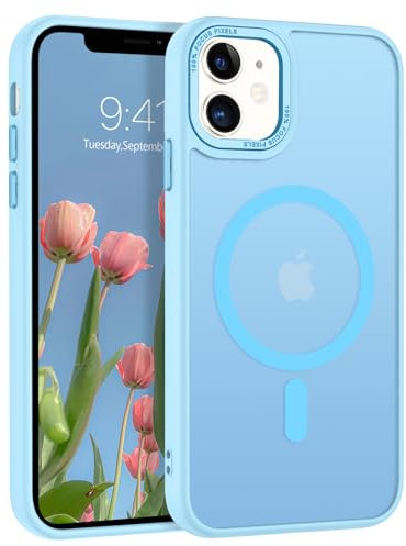 DUEDUE Cover Magnetica per iPhone 11 6.1[Compatibile con MagSafe], Custodia Opaca per iPhone 11 Case con Pulsante metallico Ultra-Sottile TPU Silicone Anti-Scivolo, Azzurro