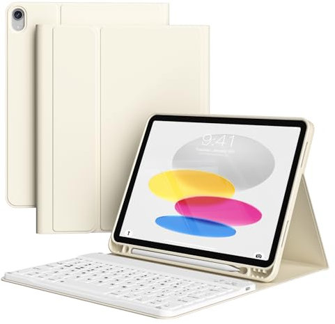 KVTVOU Case with Keyboard for iPad 11th Generation A16 2025, for iPad 10th Generation 2022 10.9 Inch, Four Corners Anti-Fall, Pencil Holder, Magnetic Bluetooth Classic Keyboard, Cream White