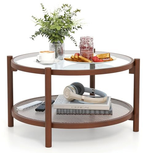 COSTWAY 78cm Round Coffee Table, 2-Tier Tempered Glass Cocktail Center Table with Handmade Rattan Shelf, Wooden Accent Tea Sofa Side Table for Living Room Bedroom Office